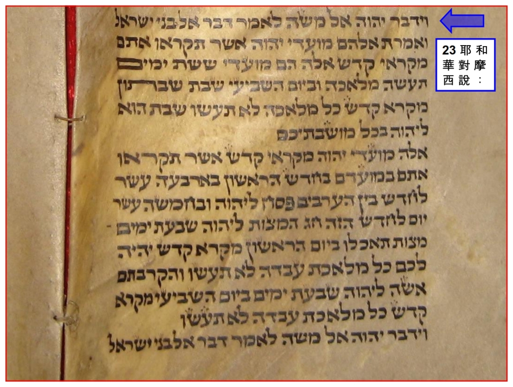 Close up of Torah Scroll showing Leviticus 23 Feasts of the Lord Chinese language Bible study