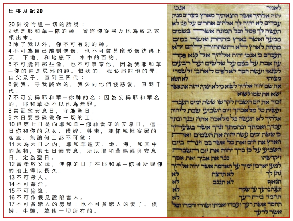 Hebrew 10 Commandments as seen in a Torah Scroll Chinese Language Bible study