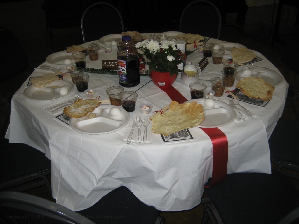 Seder table set for Passover Bible study.
