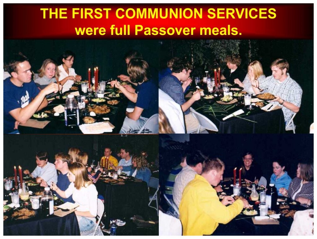 The first communion services were full Passover meals. This Passover Bible study in St. Charles, Missouri was a full passover meal with roast lamb, unleavened bread and bitter herbs. 