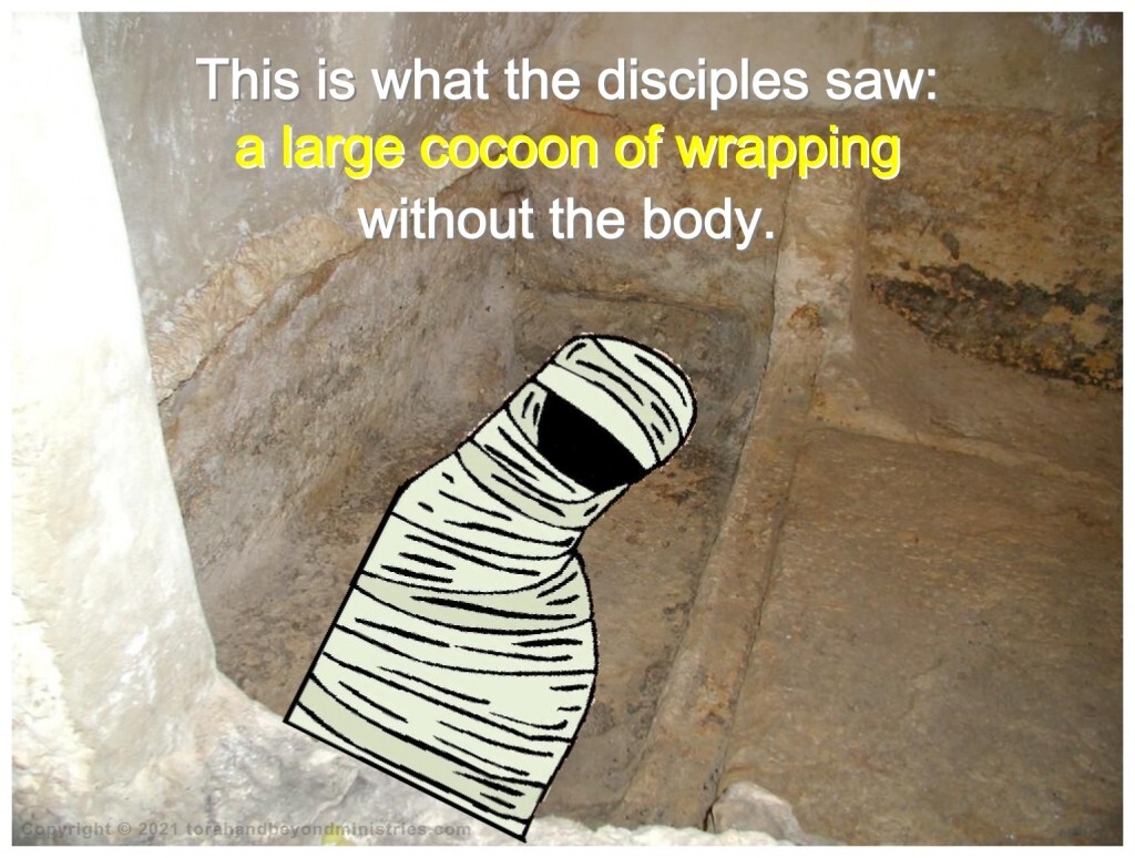 Jesus body was wrapped as a mummy with much spices and much linen around and around many times. He could have nor been removed from the wrapping unless the wrapping was unwound.
