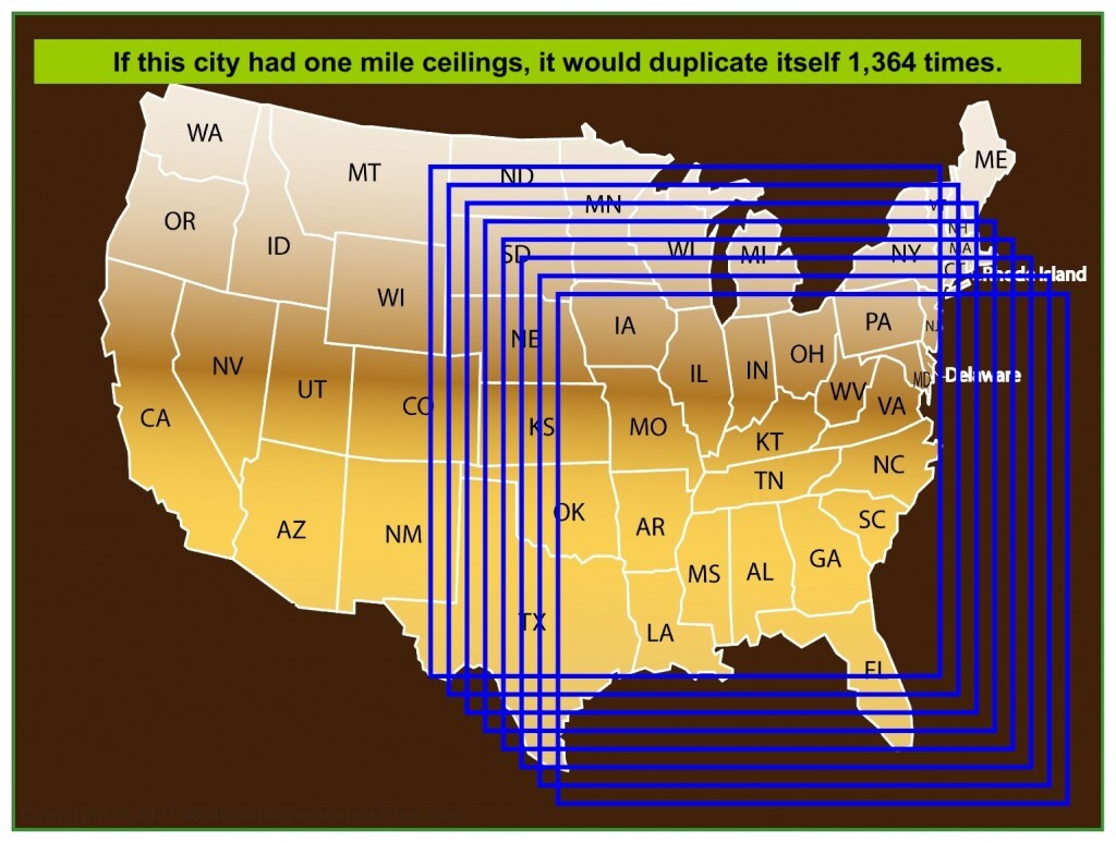 If the New Jerusalem had one mile ceilings, it would duplicate itself 1,364 times.