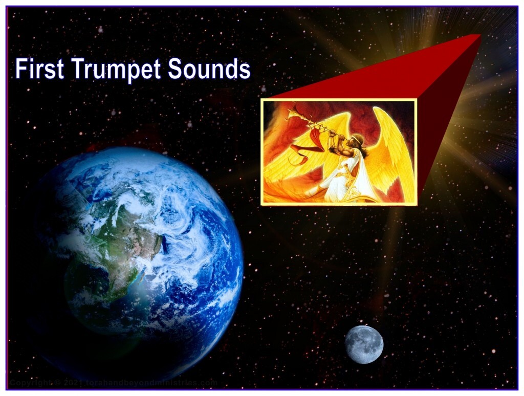 The angel in the Tribulation sounds the first trumpet and God sends judgment upon the Earth.