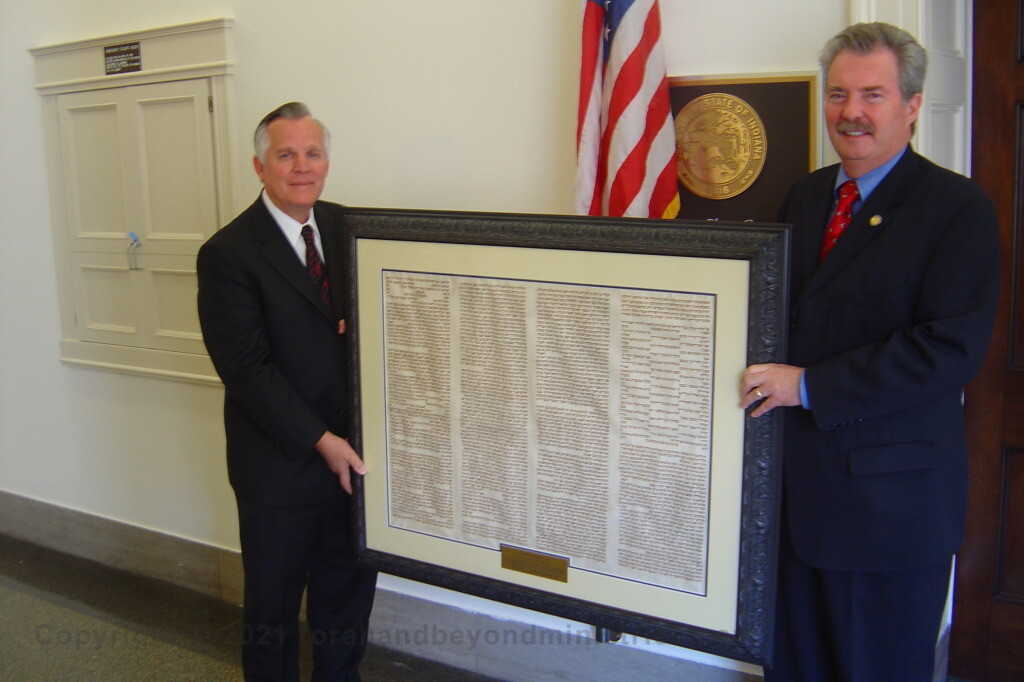 Framed Torah 10 Commandment sheet on loan to US Congressman Mike Sodrel