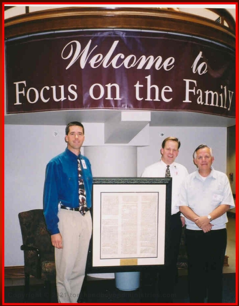 Framed Torah sheet donated to Focus on the Family