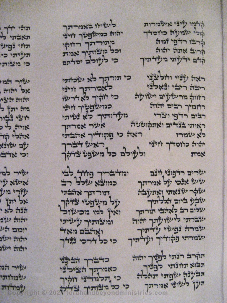 Photograph of the Scroll of Psalms showing Psalm 119 verses 148 through 172 showing the qof, resh, shin, tav